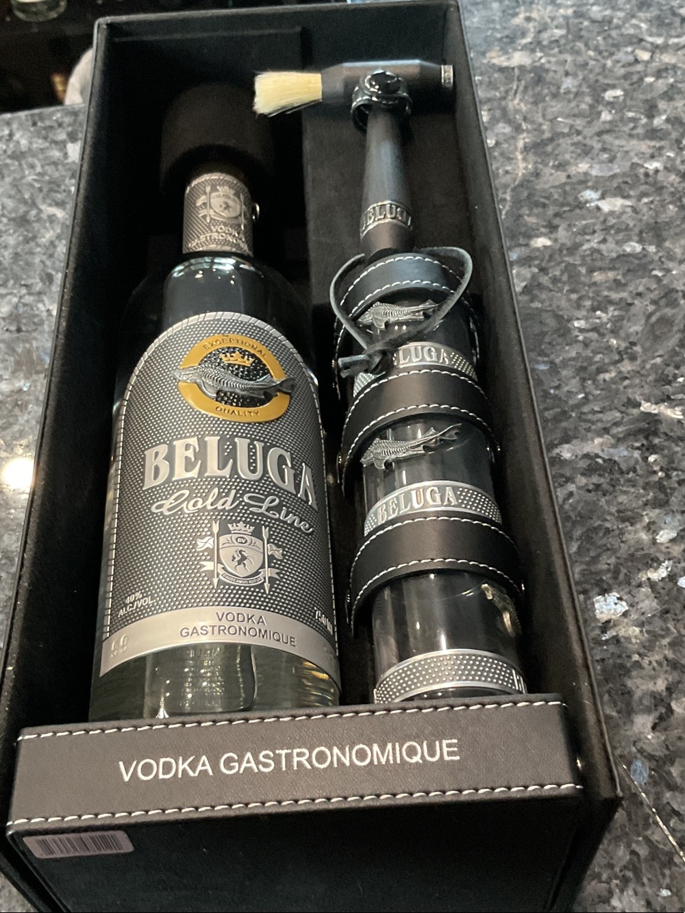 Beluga empty vodka set with new hammer and 3 new shot glasses
